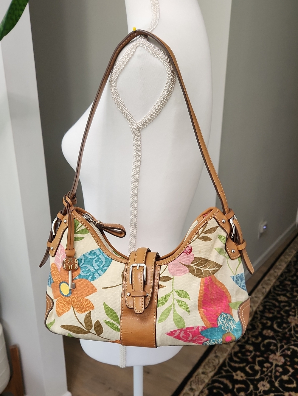Vintage Fossil Floral Canvas Shoulder Bag Leather Trim Y2k
